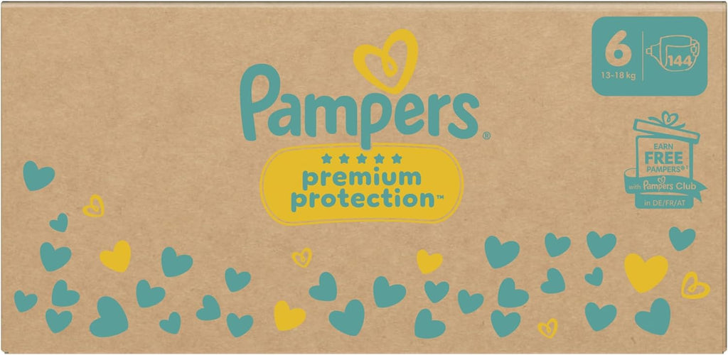 Pampers Premium Protection Maat 6, 144 luiers, 13kg-18kg, Dubbele bescherming voor de huid en tegen lekkages