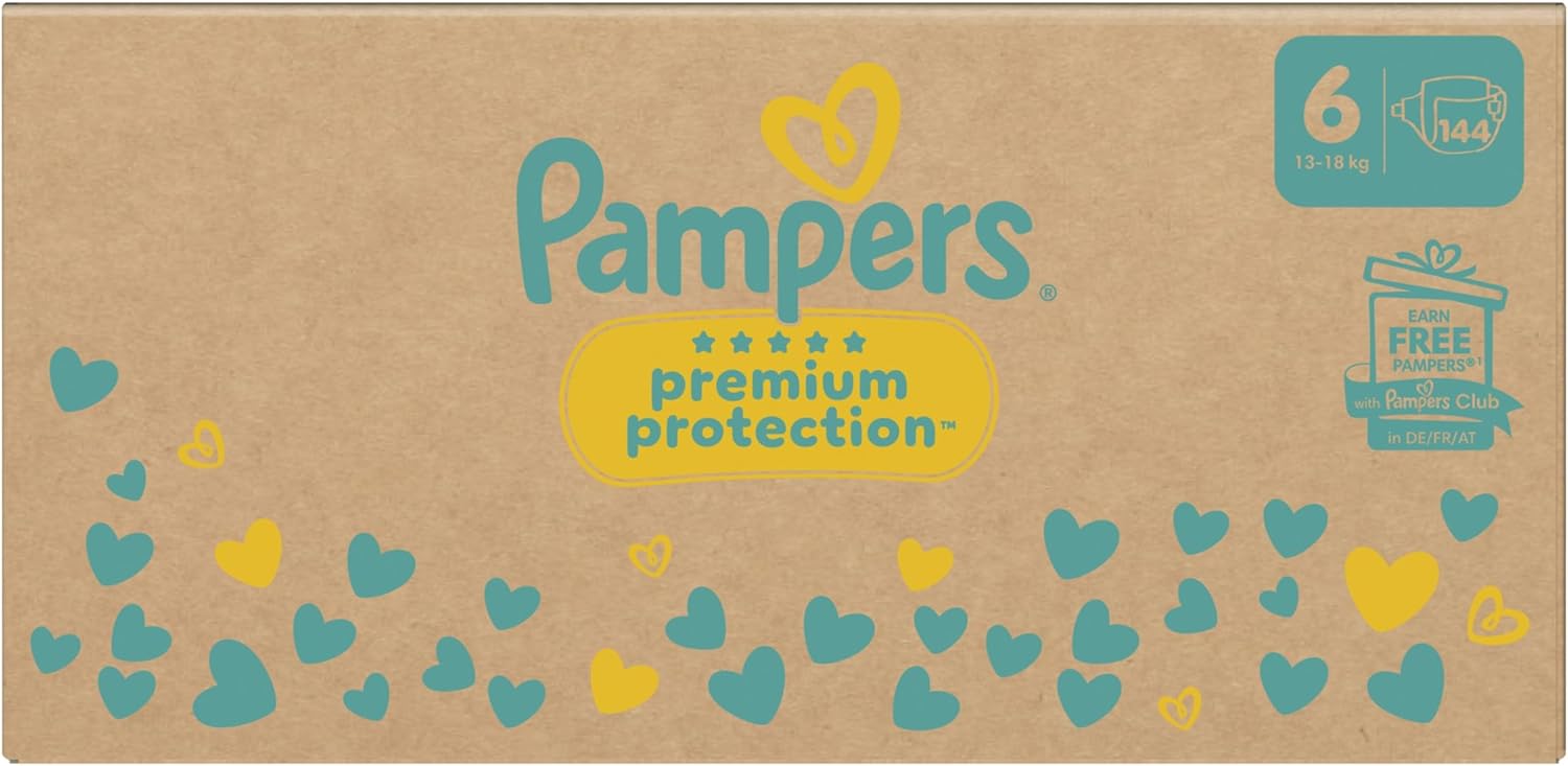 Pampers Premium Bescherming Maat 6, 144 luiers, 13kg-18kg, Dubbele bescherming voor de huid en tegen lekkages