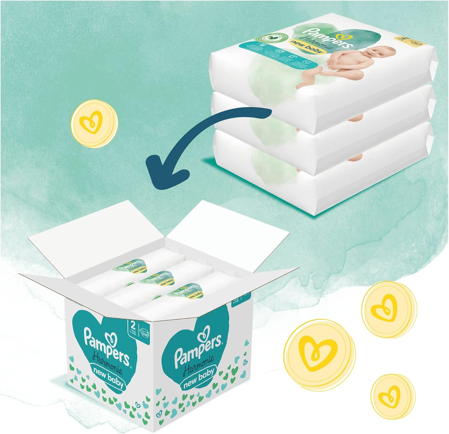 Pampers Maat 2 Luiers (4-8kg), Harmony, 240 Luiers, Maandbox, Zachte Huidbescherming en Plantaardige Ingrediënten