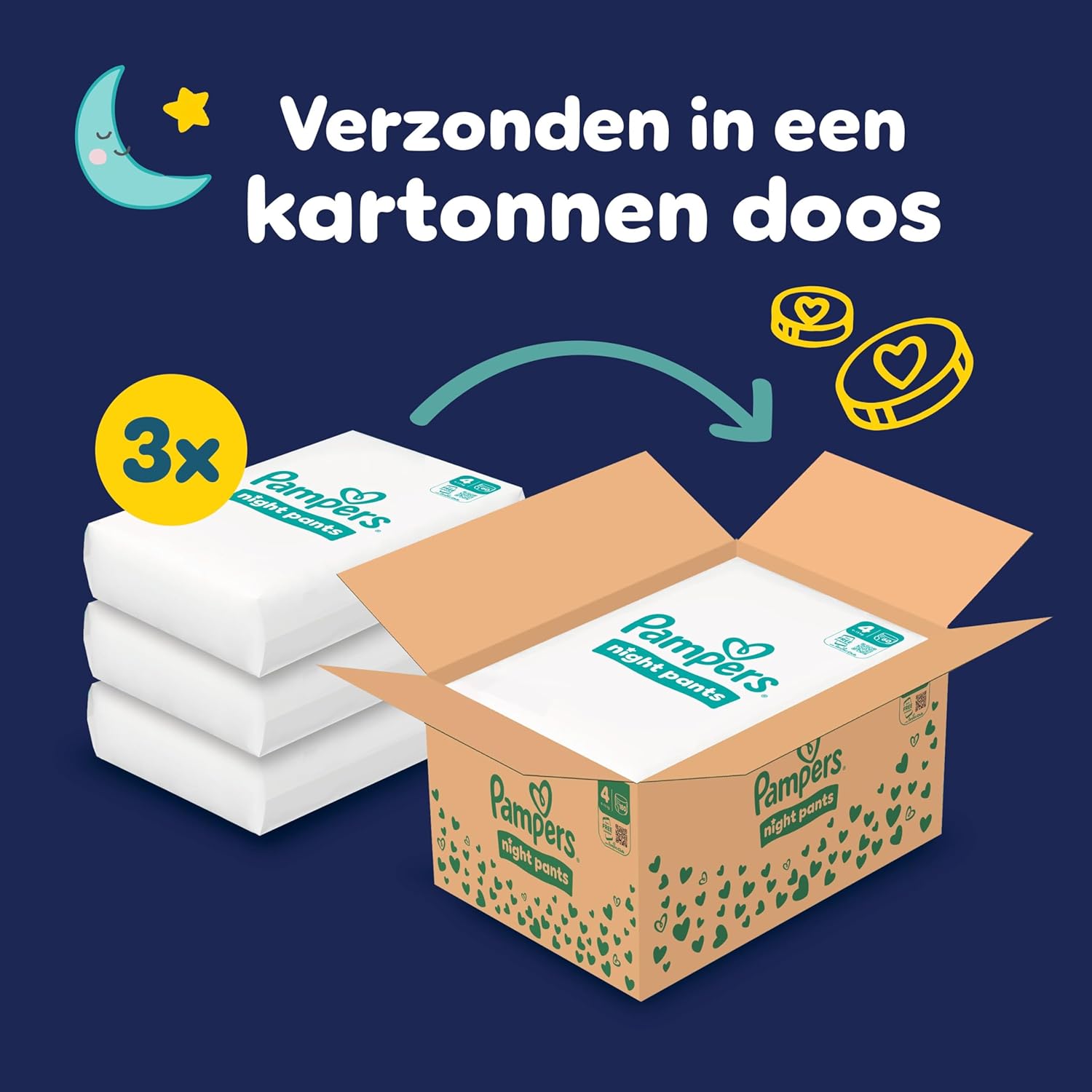 Pampers Nachthemmen Maat 4, 180 Luierbroekjes, 9kg-15kg, Pampers Nachthemmen bieden extra bescherming de hele nacht lang