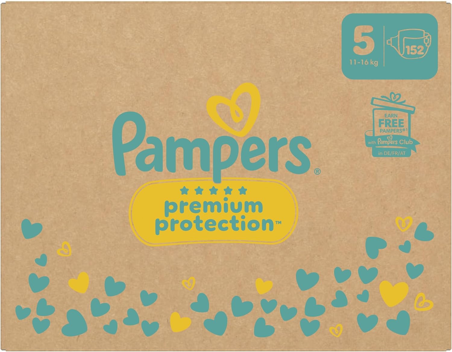 Pampers Premium Protection Maat 5, 152 luiers, 11kg-16kg, Dubbele bescherming voor de huid en tegen lekkages