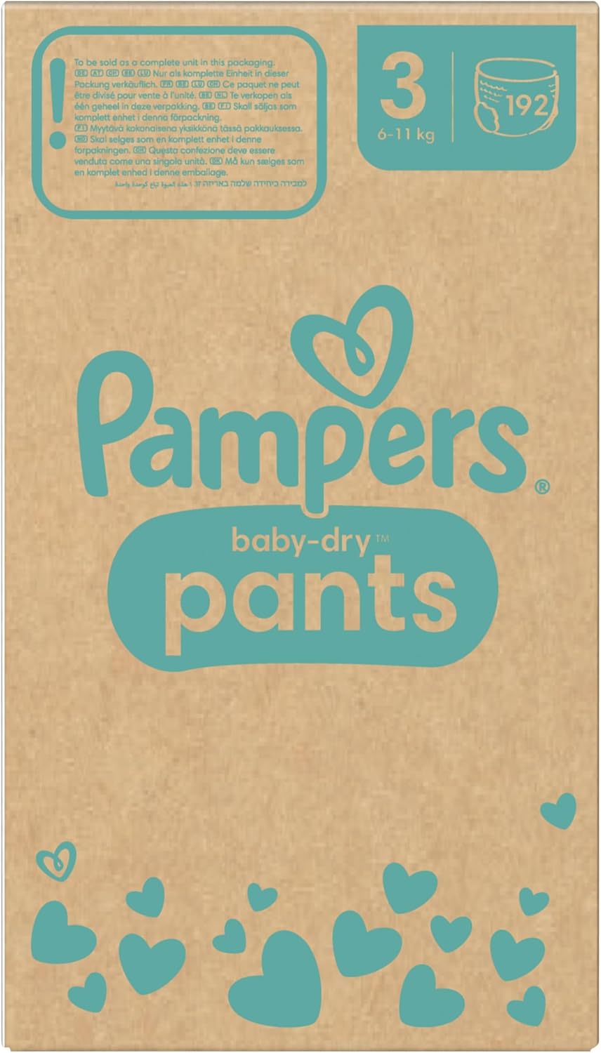Pampers Baby-Dry Luierbroekjes Maat 3, 192 stuks, 6kg-11kg, 360° pasvorm om openingen en lekkages te voorkomen, Maandelijkse doos