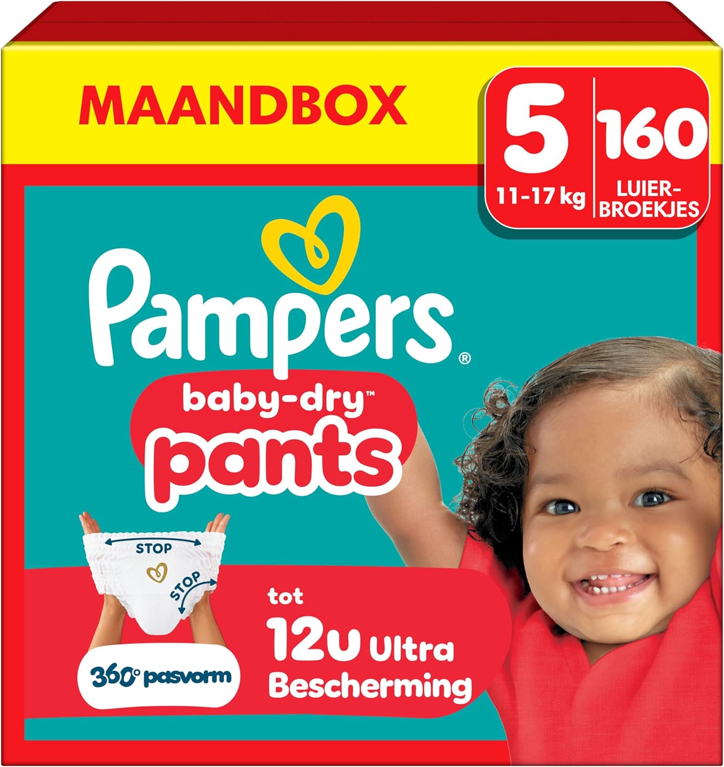 Pampers Baby-Dry Luierbroekjes Maat 5, 160 stuks, 11kg-17kg, 360° pasvorm die helpt om openingen en lekkages te voorkomen