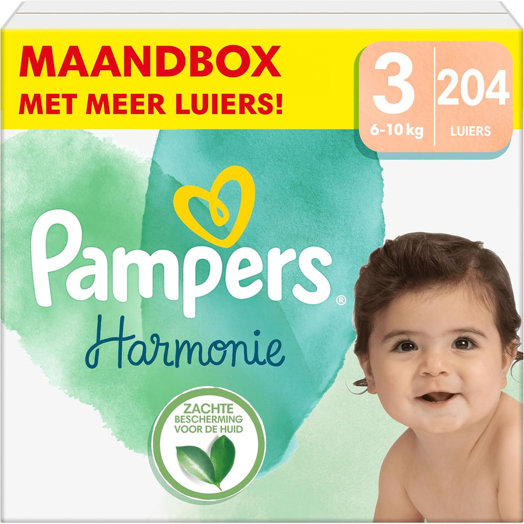 Pampers Maat 3 luiers (6-10kg), Harmony, 204 luiers, Maandbox, Zachte huidbescherming en plantaardige ingrediënten
