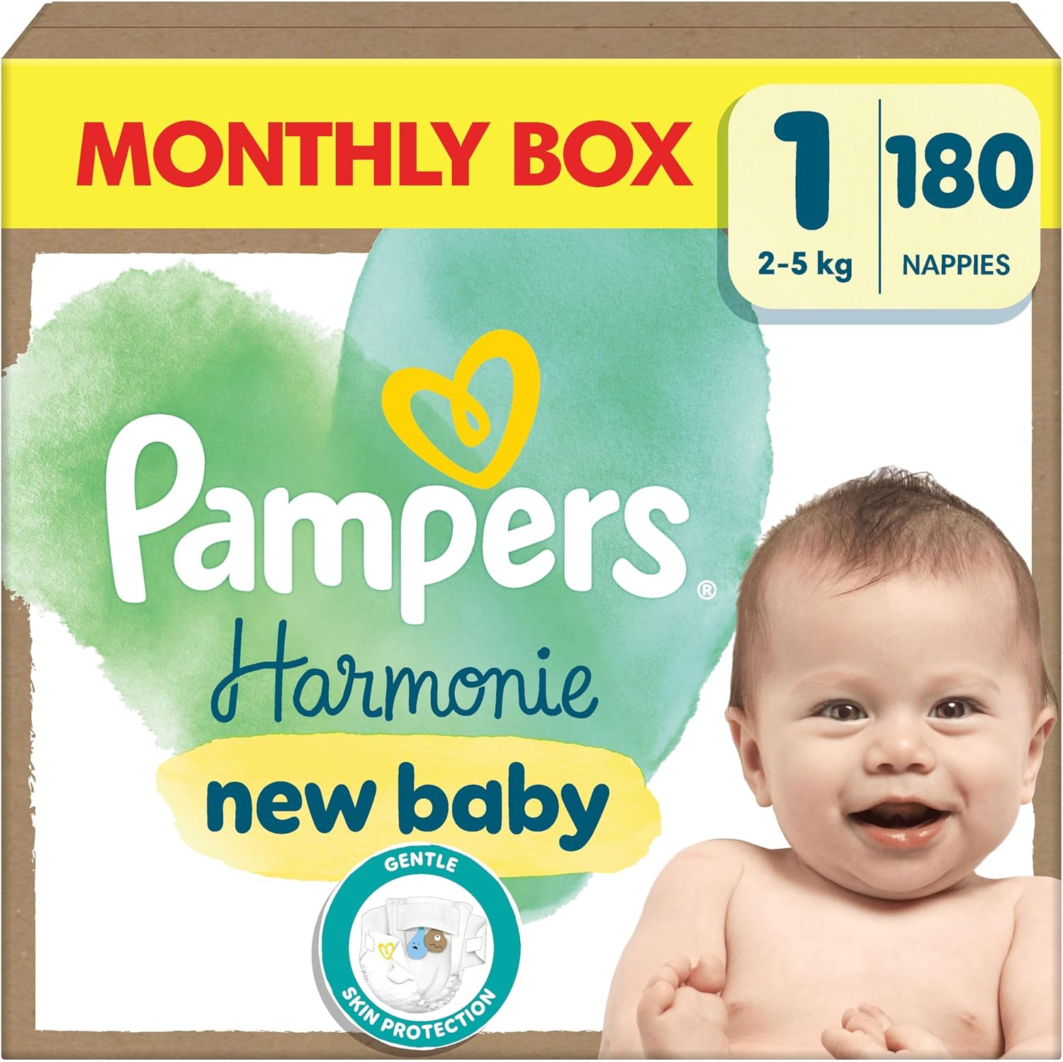 Pampers Harmony Luierstokken Maat 1, 180 luiers, 2kg-5kg, Zachte huidbescherming met 100% droogheid van Pampers