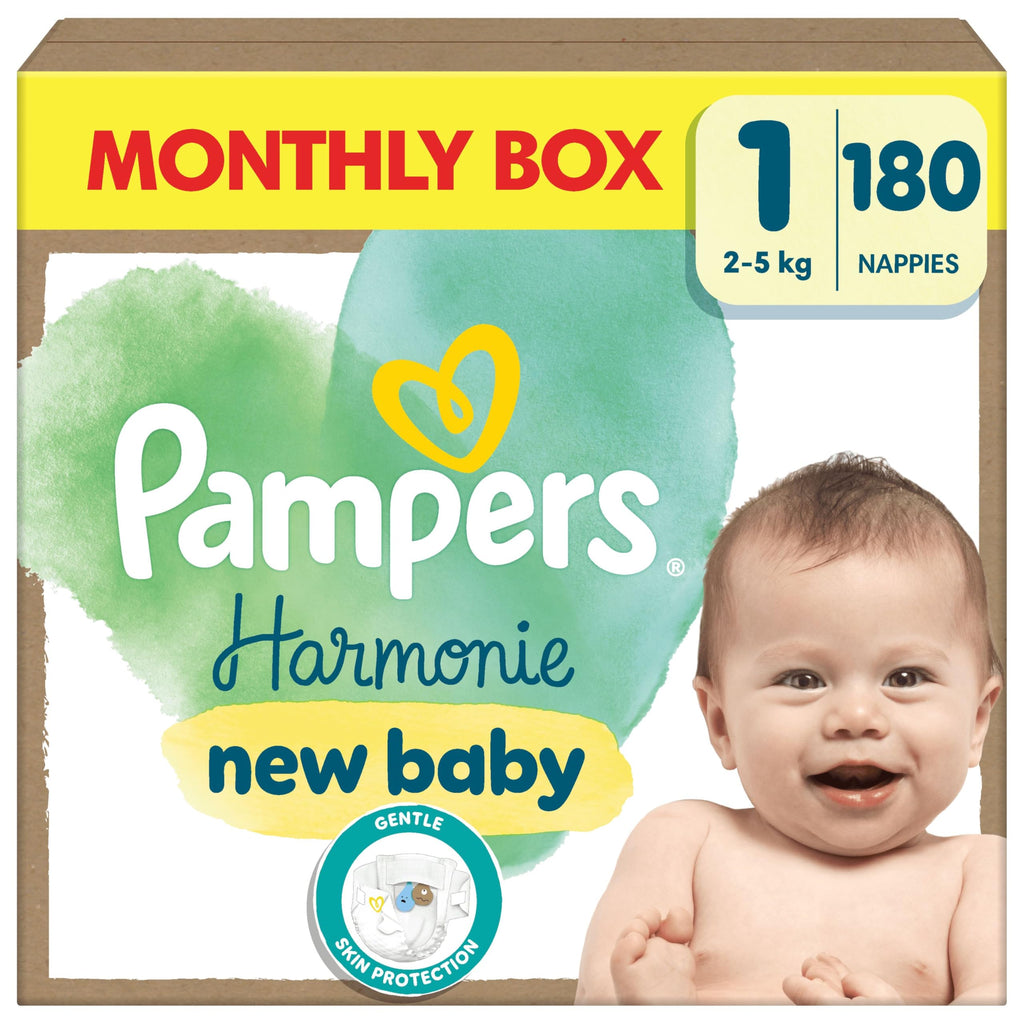 Pampers Harmony Luier Maat 1, 180 luiers, 2kg-5kg, Zachte huidbescherming met 100% droogte van Pampers