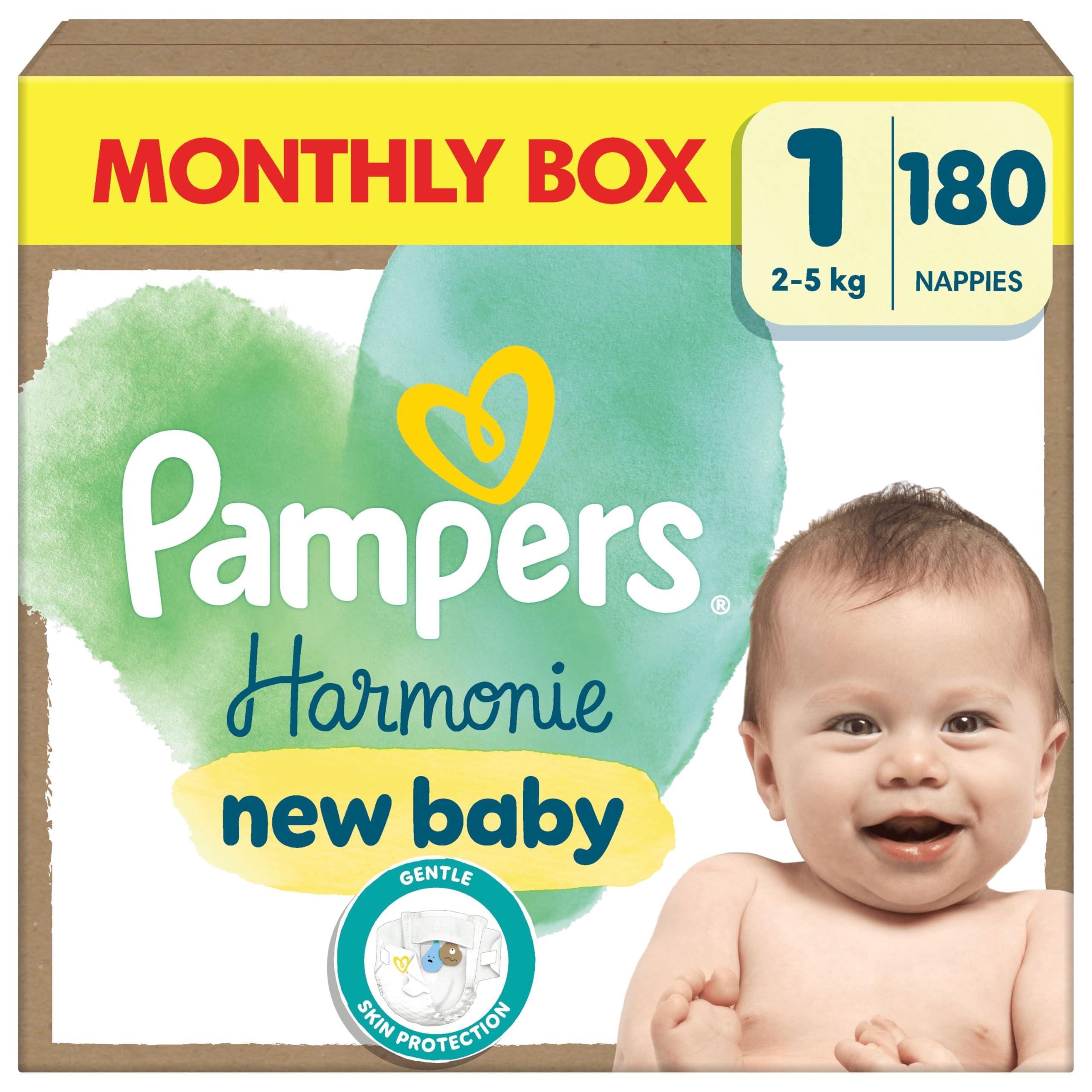 Pampers Harmony Luier Maat 1, 180 luiers, 2kg-5kg, Zachte huidbescherming met 100% droogte van Pampers