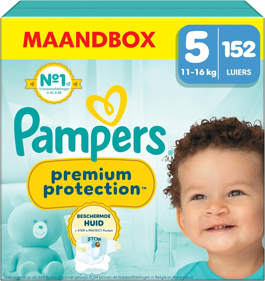 Pampers Premium Protection Maat 5, 152 luiers, 11kg-16kg, Dubbele bescherming voor de huid en tegen lekkages