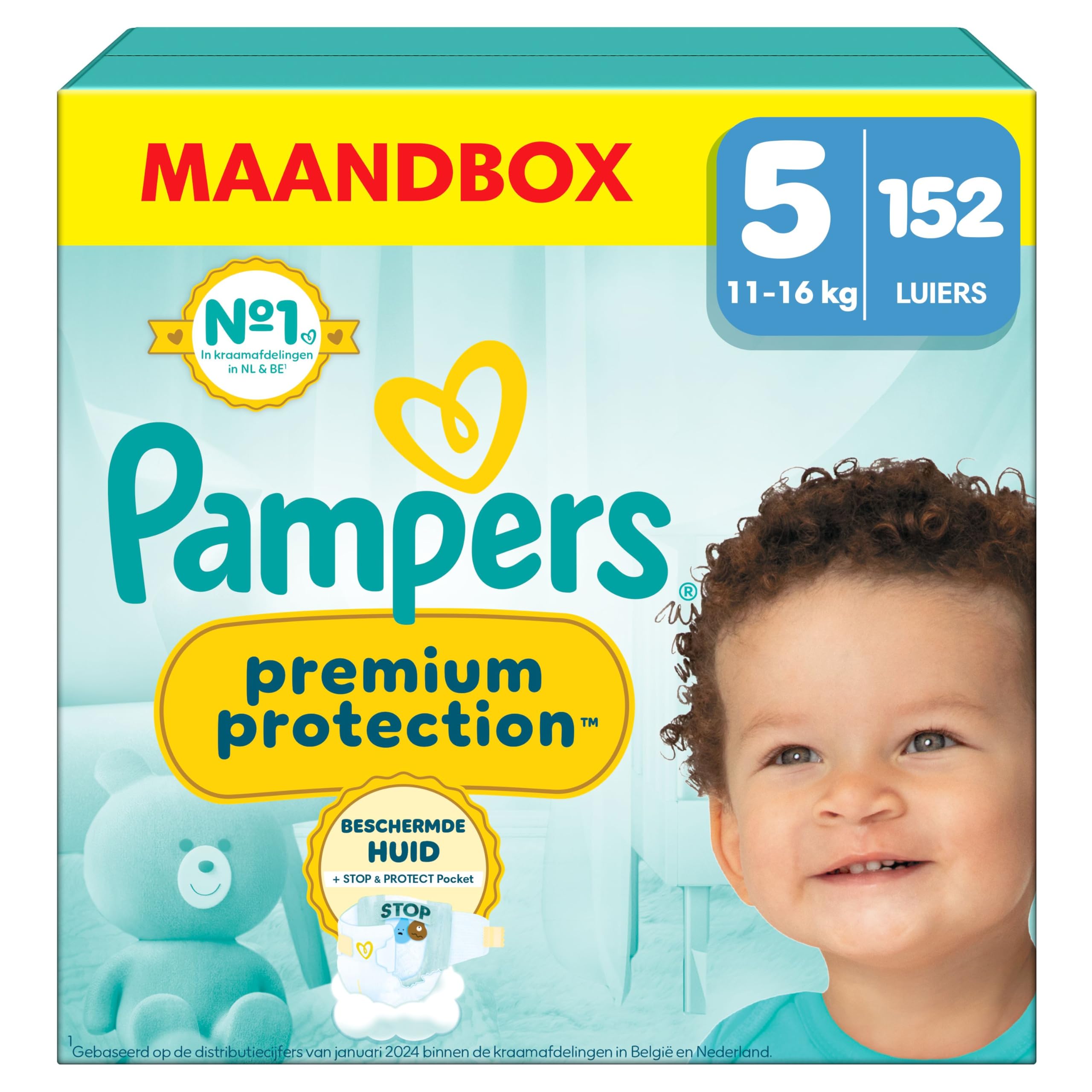 Pampers Premium Protection Maat 5, 152 luiers, 11kg-16kg, Dubbele bescherming voor de huid en tegen lekkages