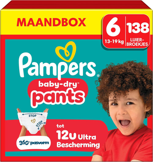 Pampers Baby-Dry Luiersbroeken Maat 6, 138 stuks, 13kg tot 19kg, 360° pasvorm om openingen en lekkages te helpen voorkomen