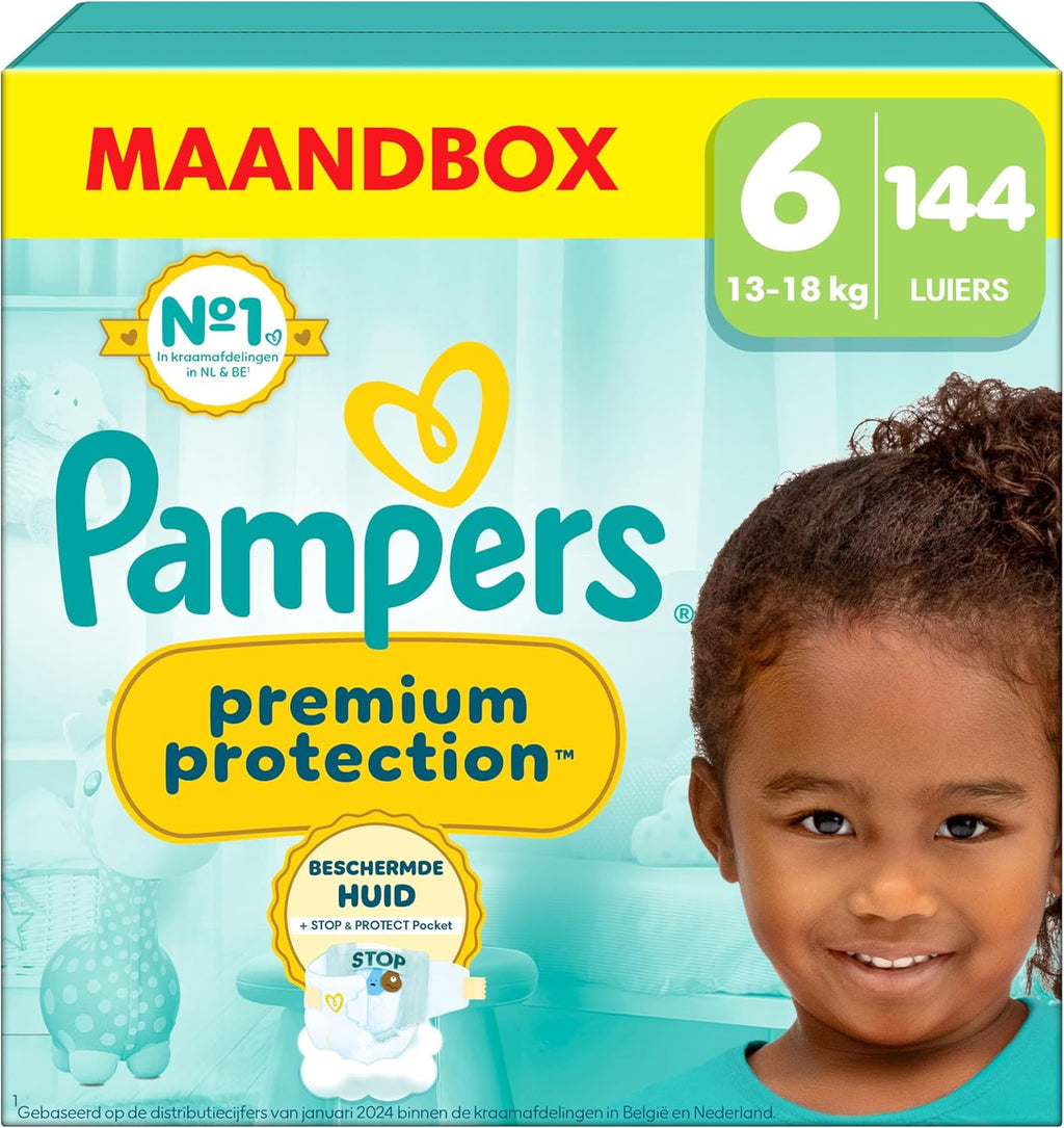 Pampers Premium Protection Maat 6, 144 luiers, 13kg-18kg, Dubbele bescherming voor de huid en tegen lekkages