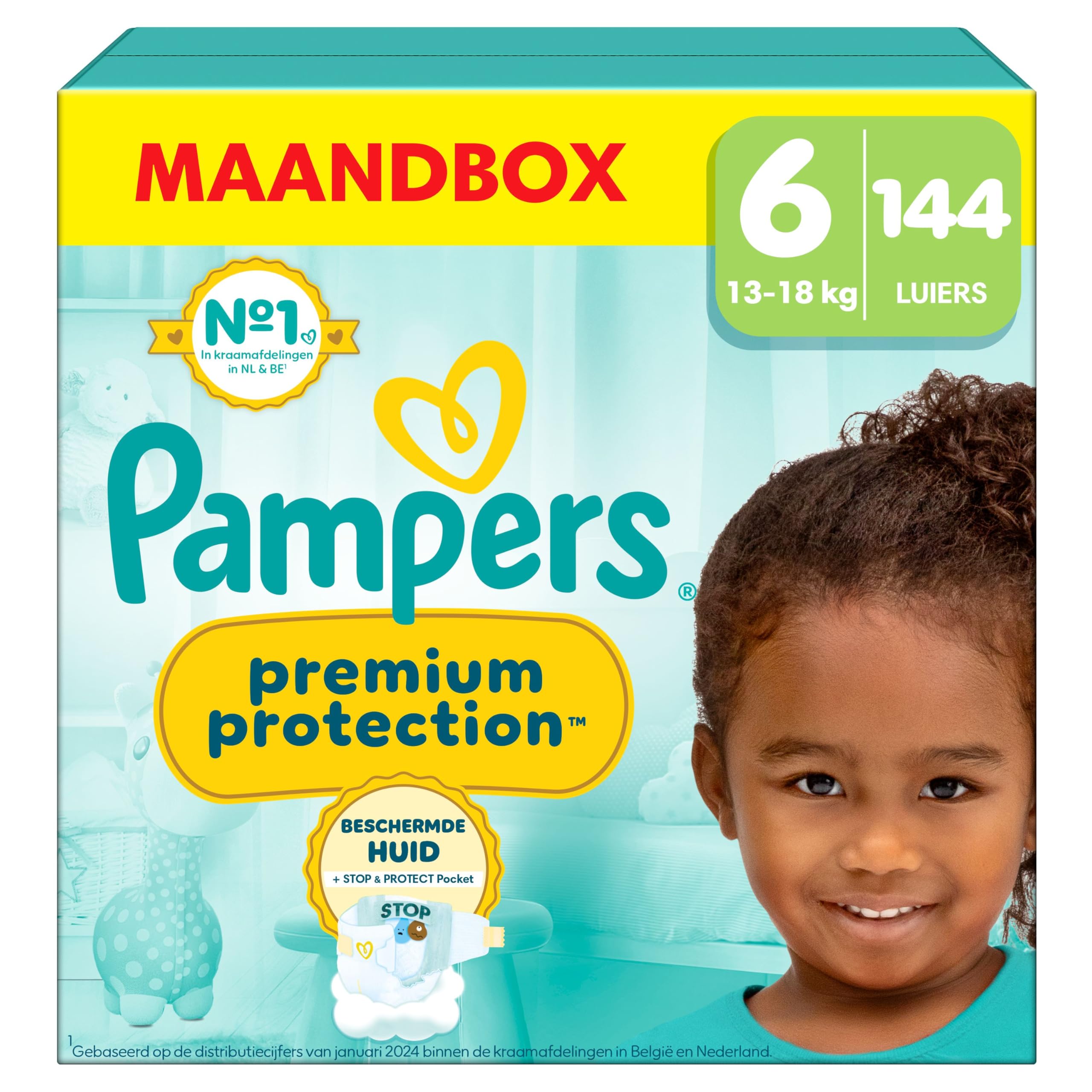 Pampers Premium Protection Maat 6, 144 luiers, 13kg-18kg, Dubbele bescherming voor de huid en tegen lekkages