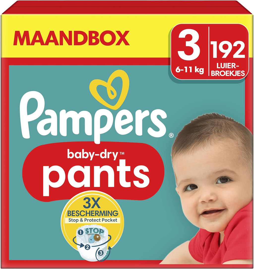 Pampers Baby-Dry Luierbroekjes Maat 3, 192 stuks, 6kg-11kg, 360° pasvorm om openingen en lekkages te helpen voorkomen, maandelijkse doos