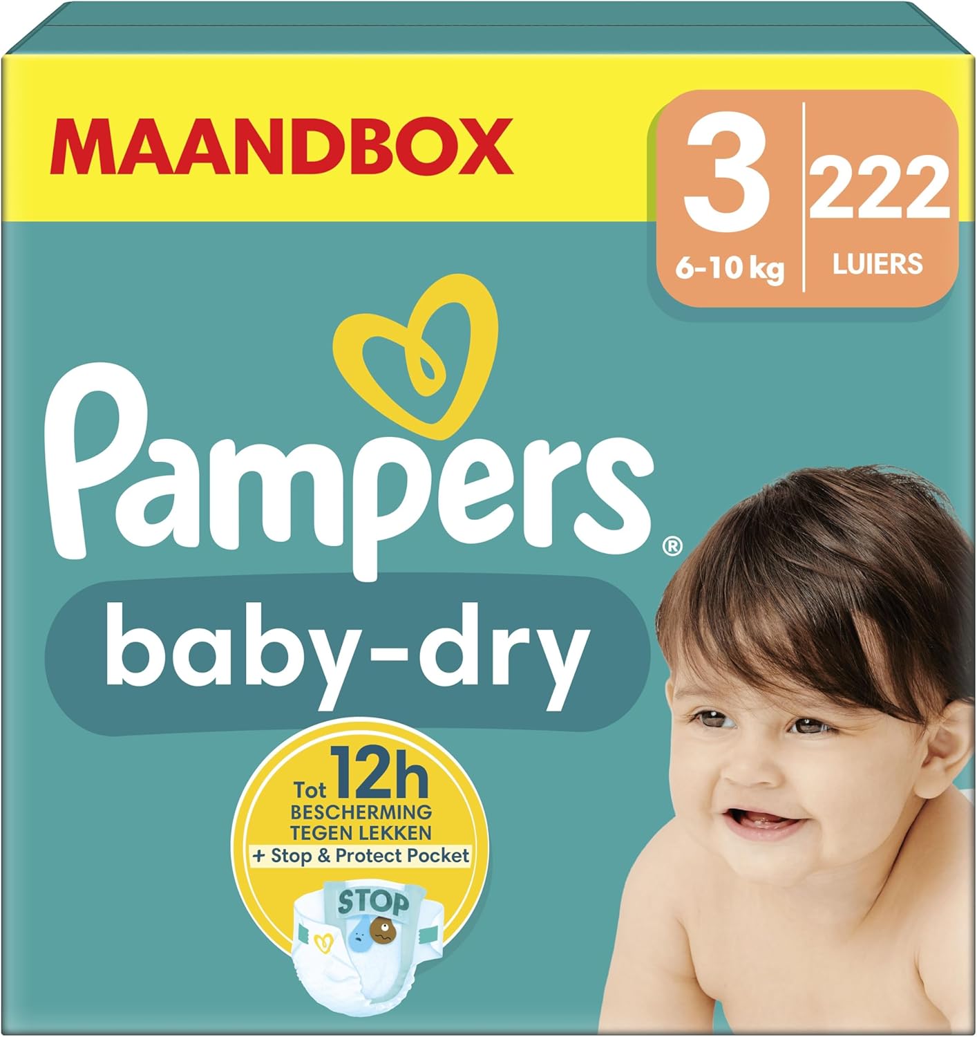Pampers Baby-Dry Maat 3, 222 luiers, 6kg-10kg, Tot 100% lekvrij en comfortabel 's nachts