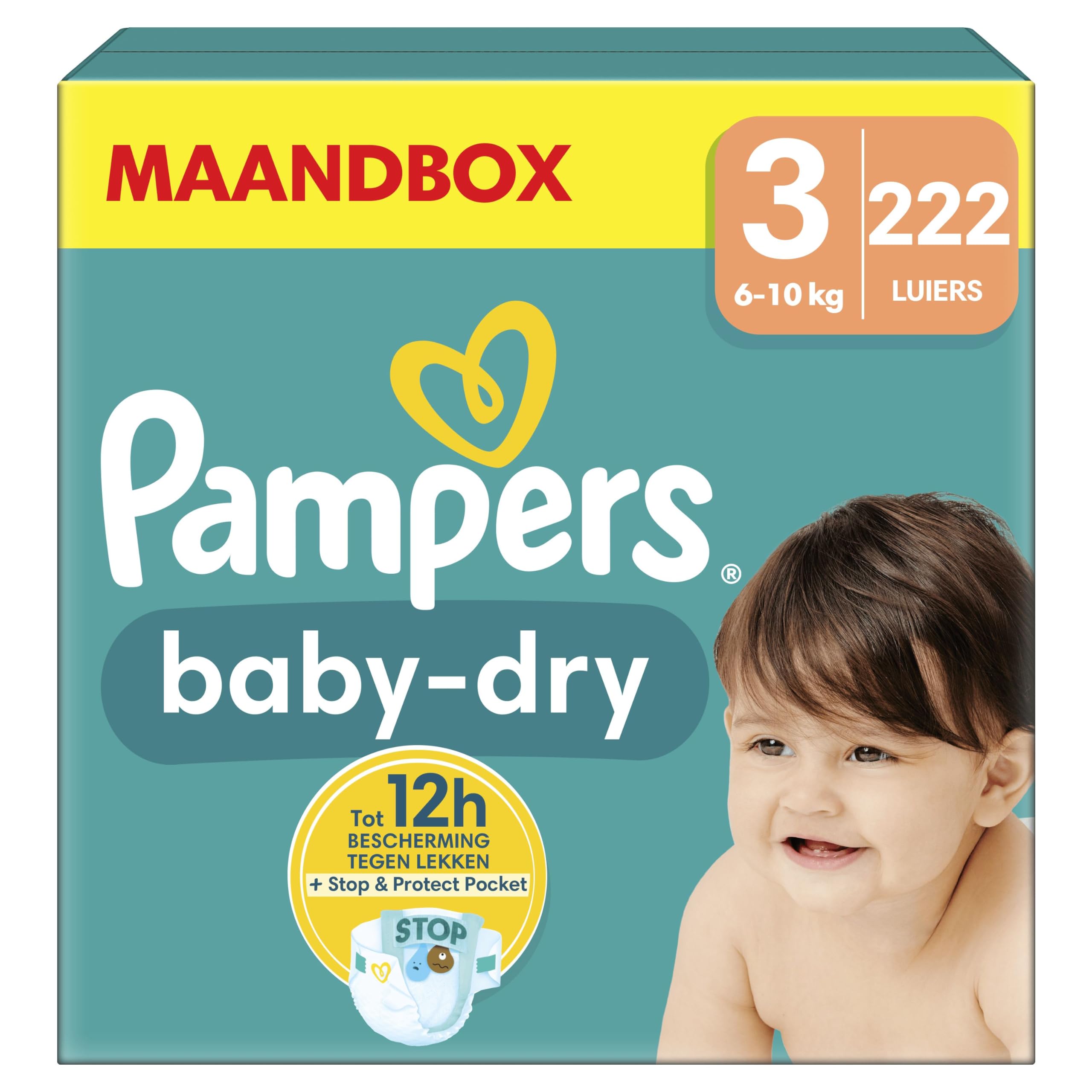 Pampers Baby-Dry Maat 3, 222 luiers, 6kg-10kg, Tot wel 100% lekbestendig en comfortabel voor de nacht