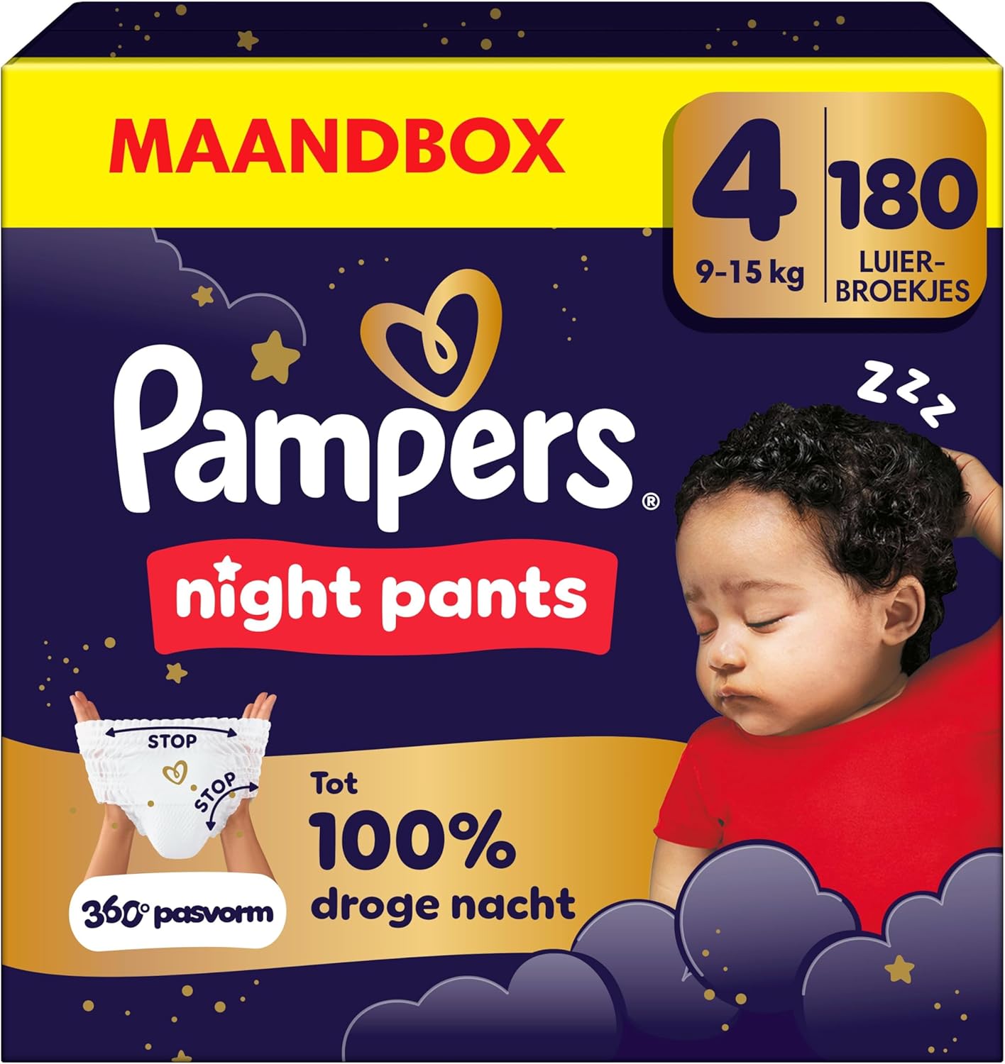 Pampers Nachtdragen Maat 4, 180 luierbroekjes, 9kg-15kg, Pampers Nachtdragen bieden extra bescherming de hele nacht door