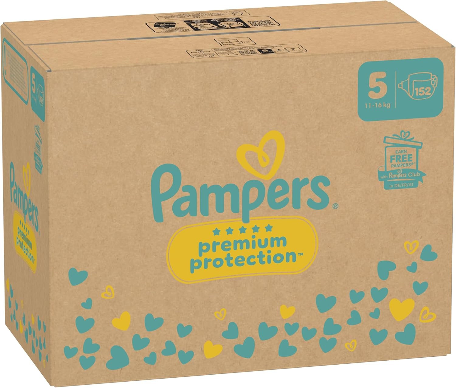 Pampers Premium Bescherming Maat 5, 152 luiers, 11kg-16kg, Dubbele bescherming voor de huid en tegen lekkages