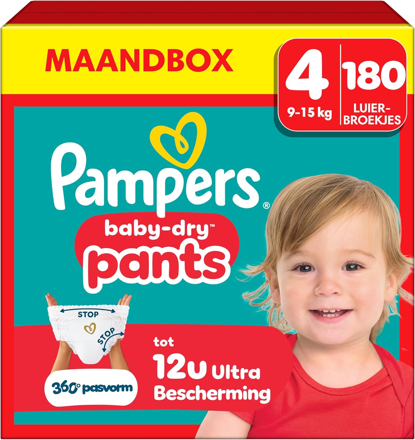 Pampers Baby-Dry Luierbroekjes Maat 4, 180 stuks, 9kg-15kg, 360° pasvorm om openingen en lekkages te voorkomen