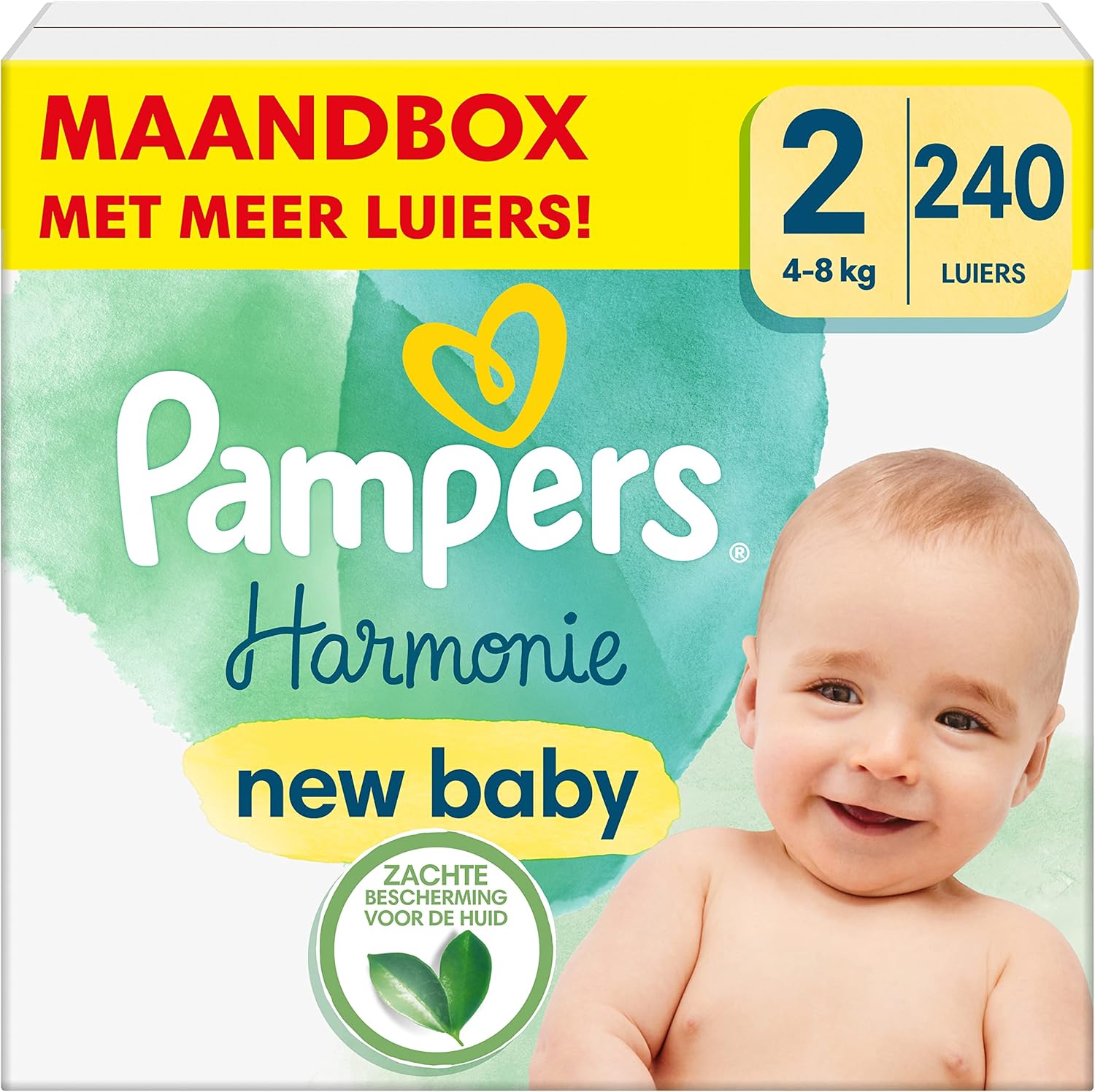 Pampers Maat 2 Luier (4-8kg), Harmony, 240 stuks luier, Maandelijkse doos, Zachte huidbescherming en plantaardige ingrediënten