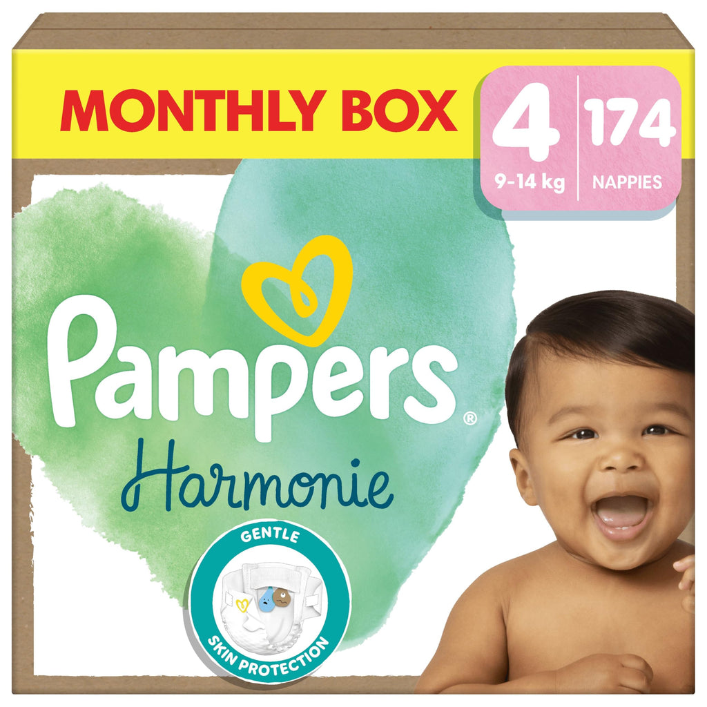 Pampers Maat 3 luiers (6-10kg), Harmony, 204 luiers, Maandelijkse doos, Zachte huidbescherming en plantaardige ingrediënten