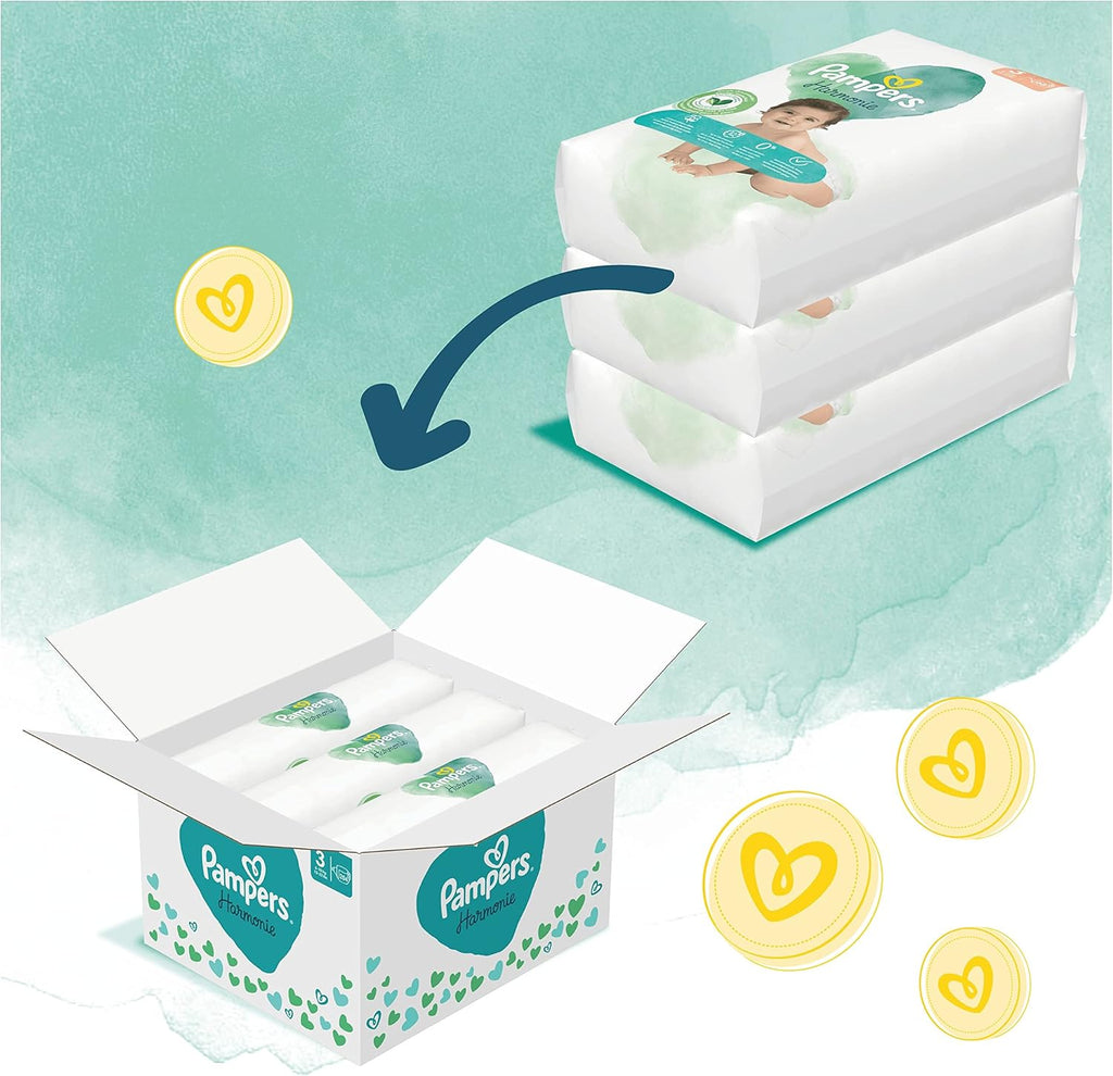 Pampers Maat 3 luiers (6-10kg), Harmony, 204 luiers, Maandelijkse doos, Zachte huidbescherming en plantaardige ingrediënten