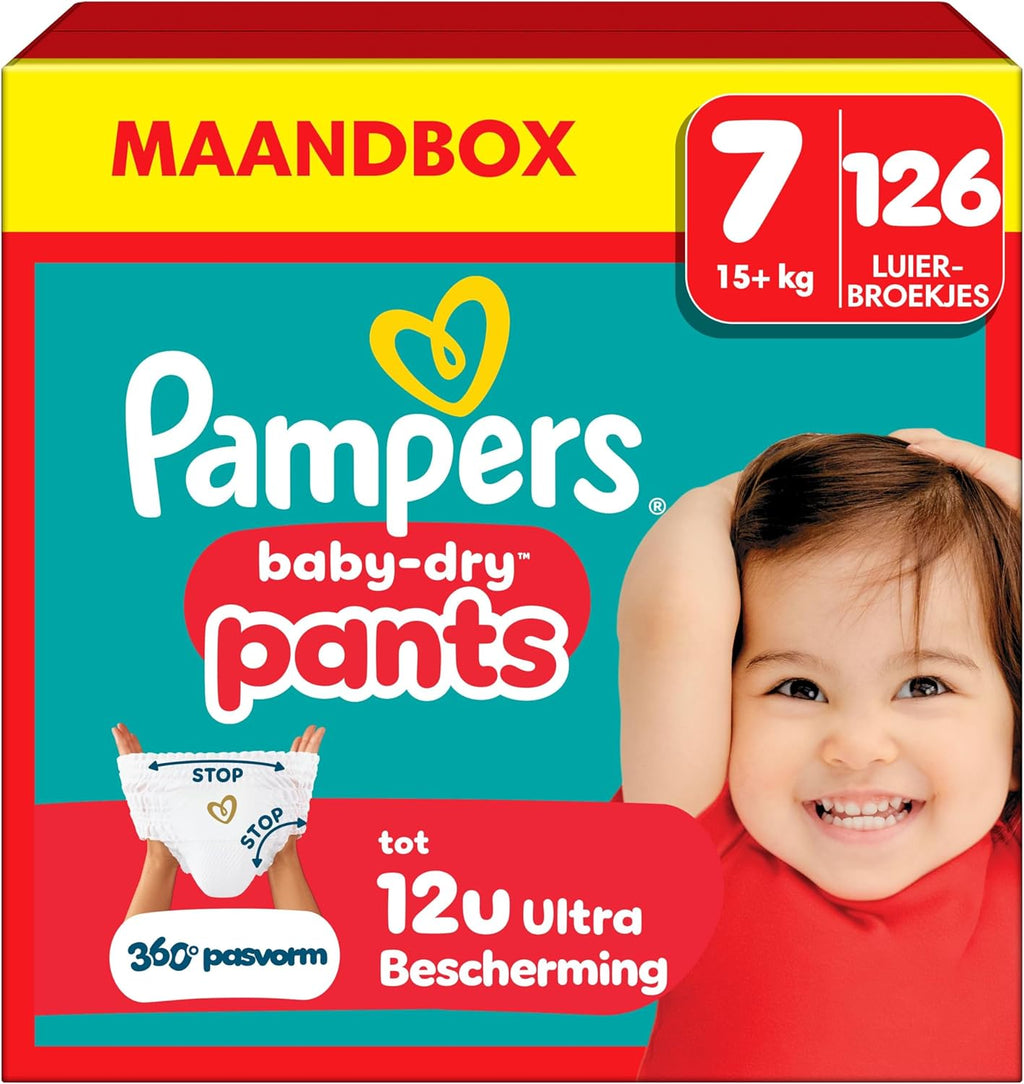 Pampers Baby-Dry Pants Maat 7, 126 luierbroekjes, 15kg+, 360° pasvorm om openingen en lekkages te voorkomen