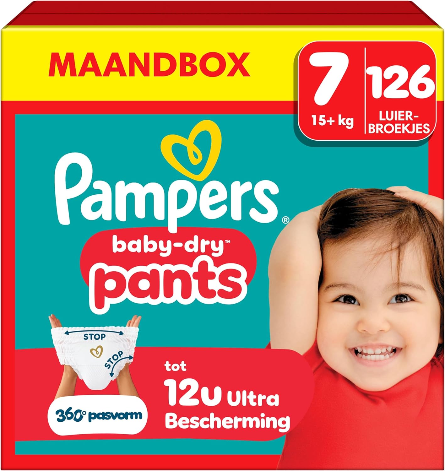Pampers Baby-Dry Pants Maat 7, 126 luierbroekjes, 15kg+, 360° pasvorm om openingen en lekkages te voorkomen